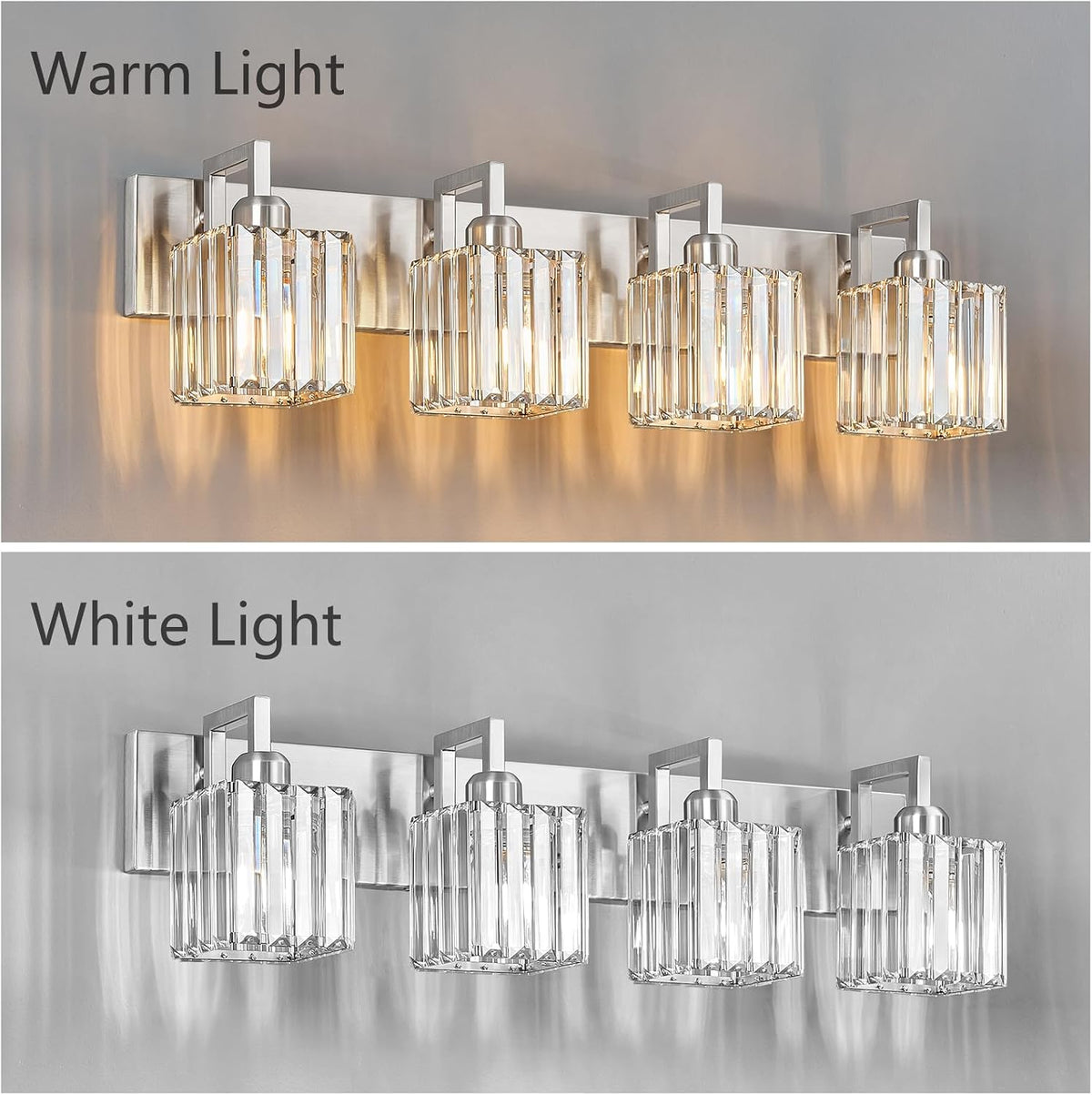 Modern Bathroom Vanity Light 4-Lights Brushed Nickel Vanity Light Crystal Wal...