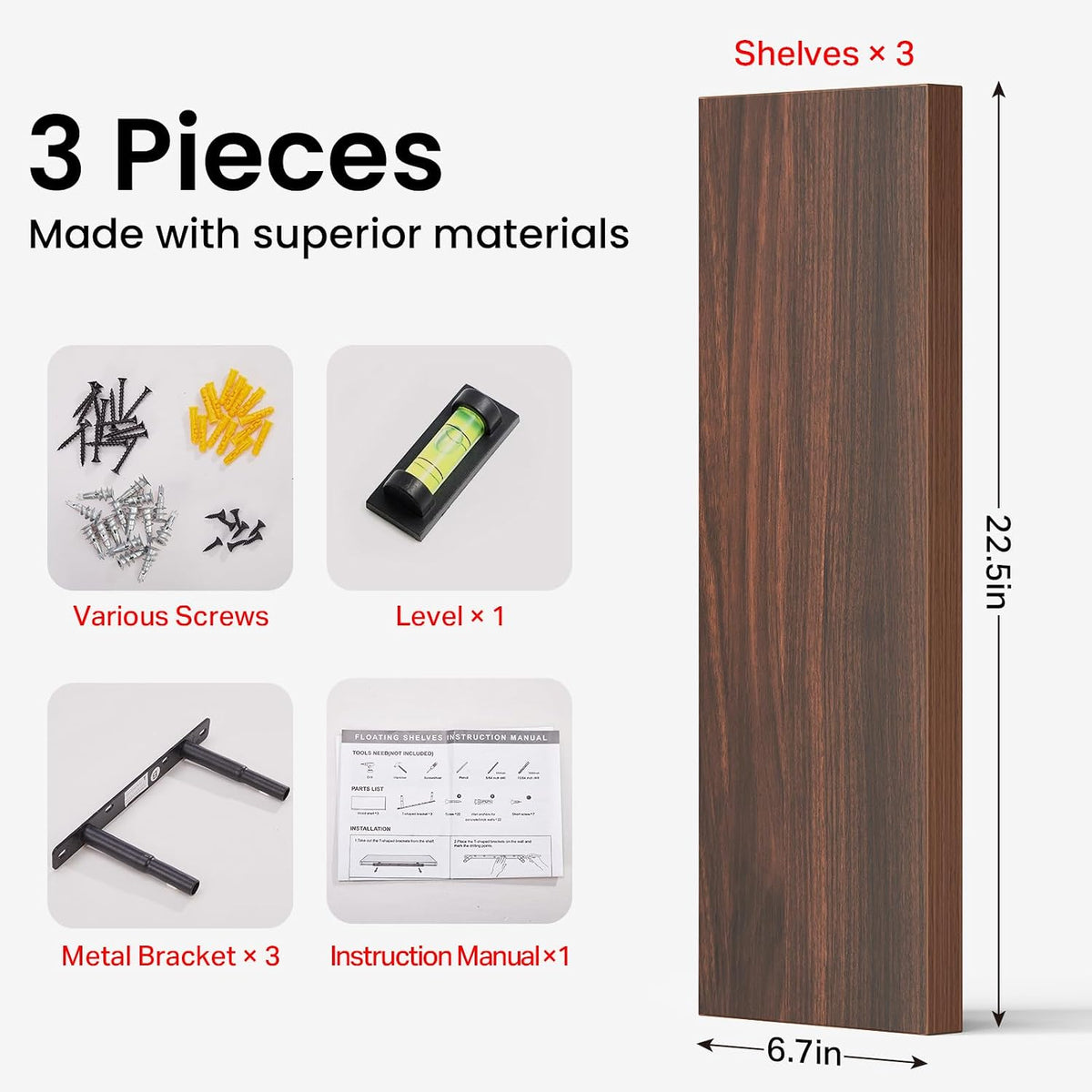 BAYKA Walnut-Like Floating Shelves 22.5in, 3Pack, Wall Mounted Wall Decor
