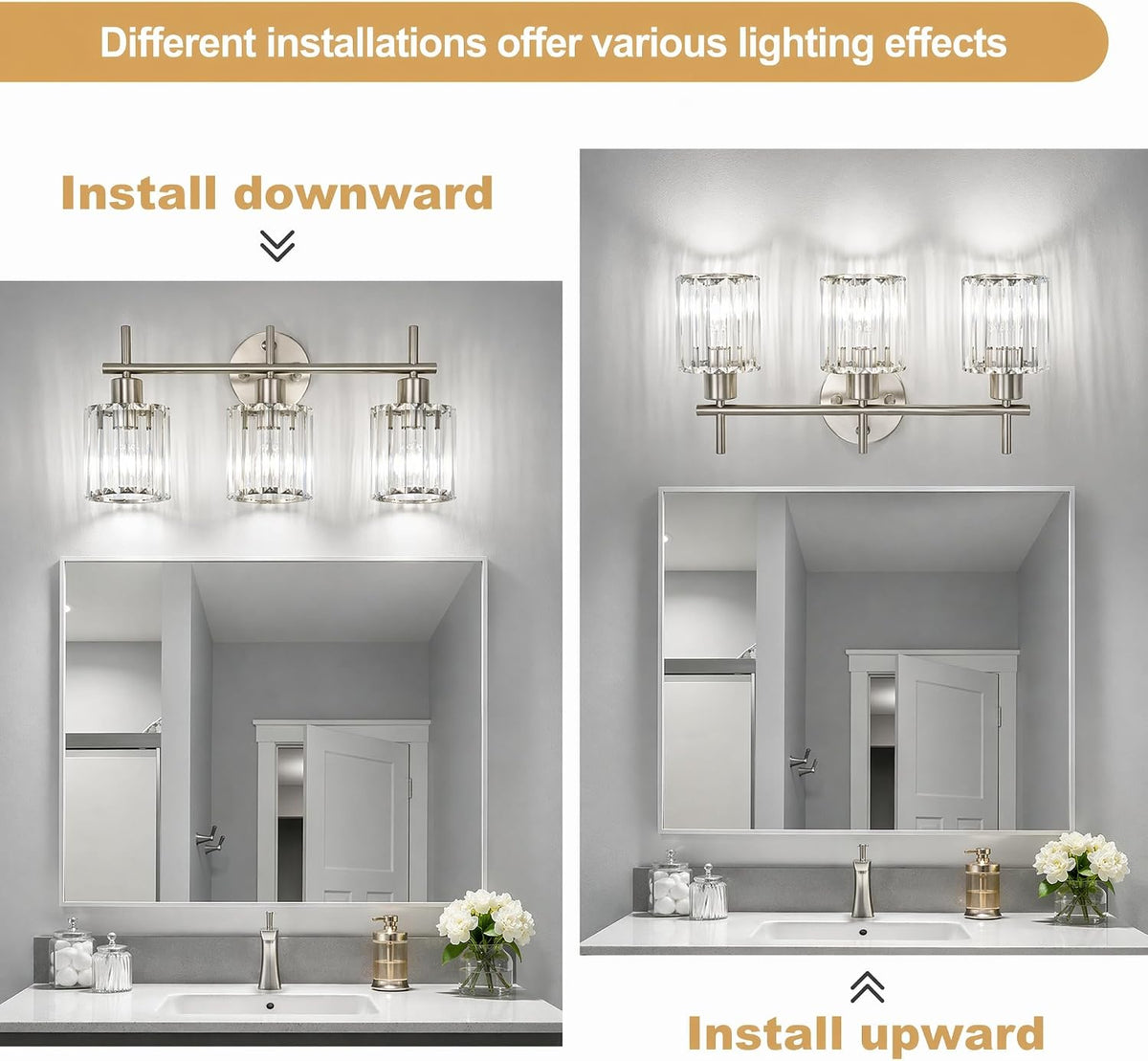 Brushed Nickel 3-Light Crystal Bathroom Vanity Light Fixtures, Round