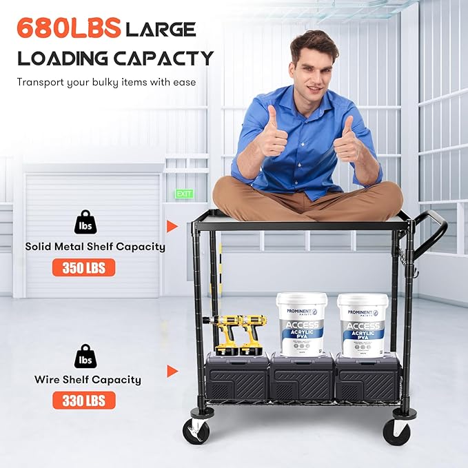 WDT 680Lbs Capacity Heavy Duty Rolling Utility Cart, 2 Tier Rolling Carts