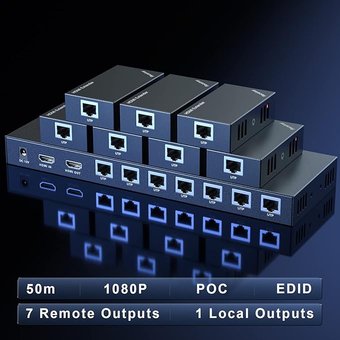 HDMI Extender Splitter 1x7 1080P@60Hz Over Cat 5E/6/7 Ethernet Cable 50m
