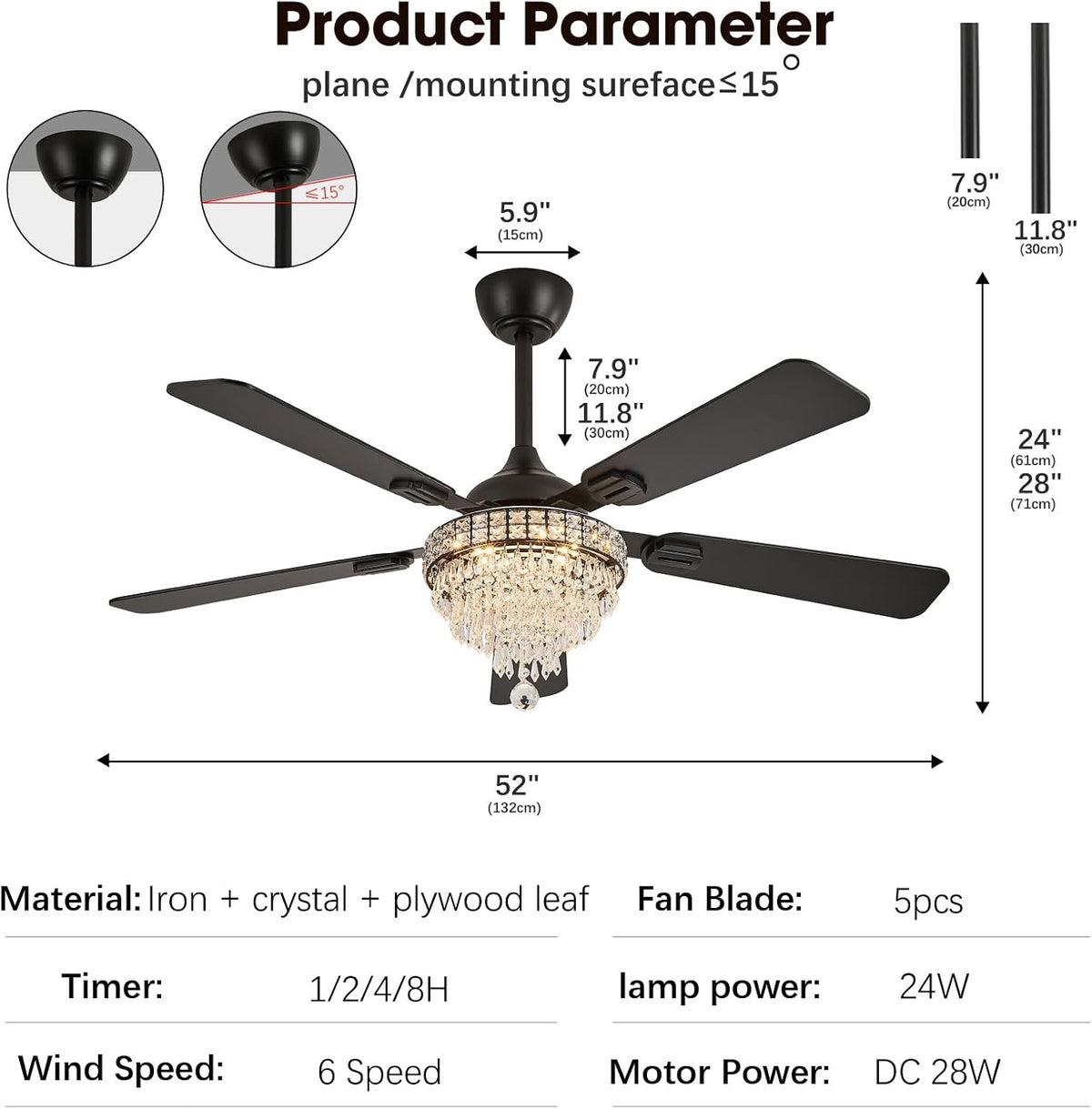 52" Crystal Chandelier Ceiling Fan with Lights - (Glam, Black)