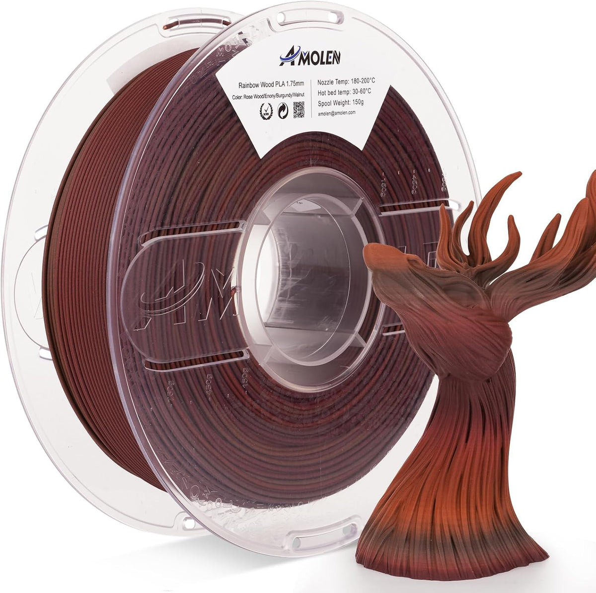 AMOLEN Wood PLA 3D Printer Filament 1.75mm Dark Wood Rainbow 1KG