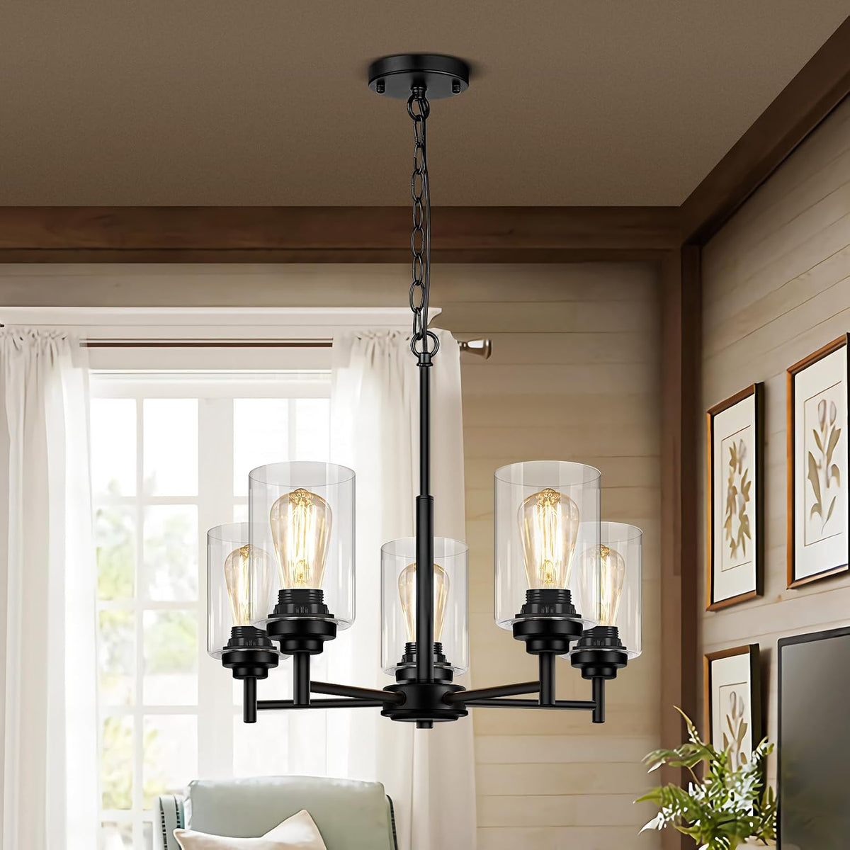 D19.8" Chandelier for Dining Room, 5-Light Black Kitchen Light Fixture