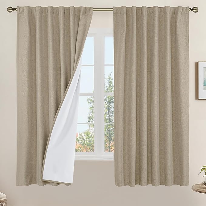 LAMIT 100% Blackout Natural Linen Curtains, 63 Inches Linen Textured Thermal