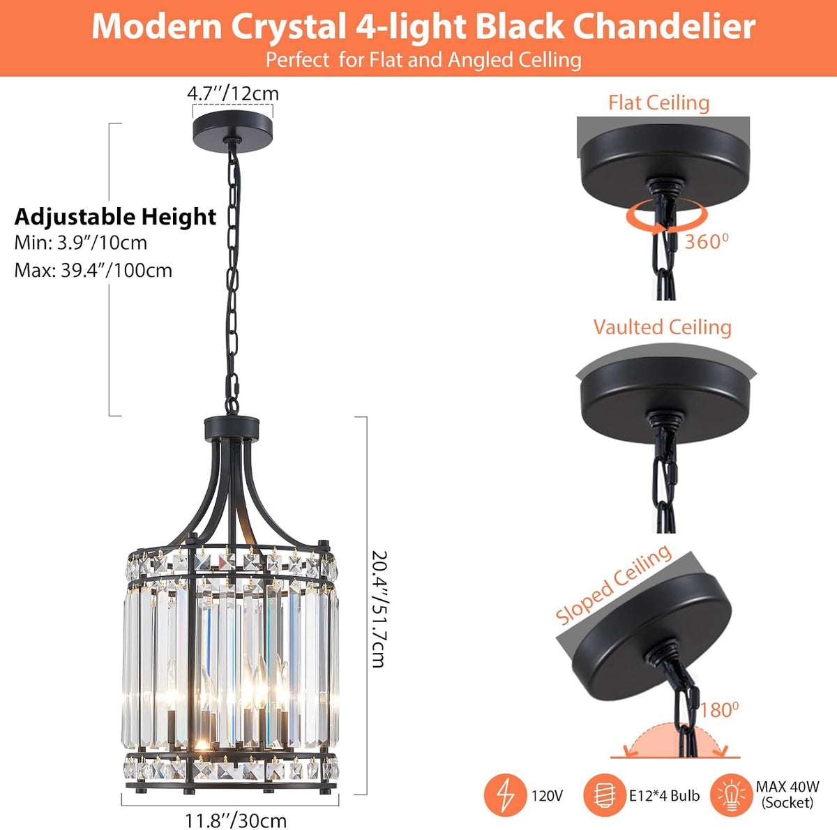 Lantern Crystal Chandeliers for Dining Room, Black 4 Light Farmhouse Geometri...