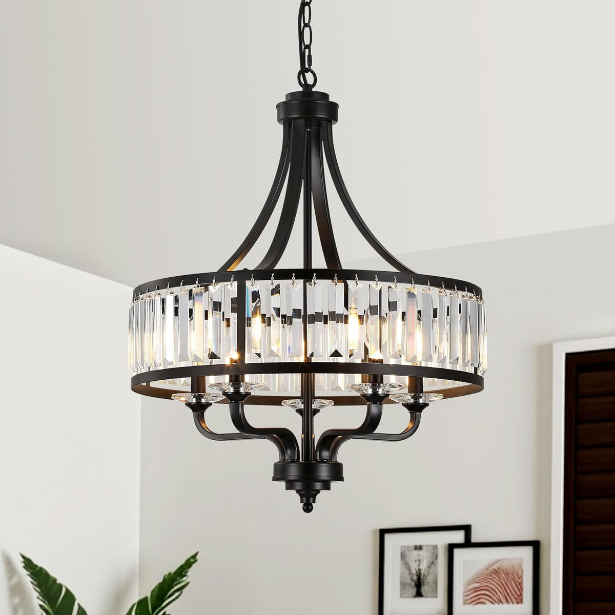 Modern Black Crystal Chandelier,5-Light Farmhouse Dining Room Light Fixture O...