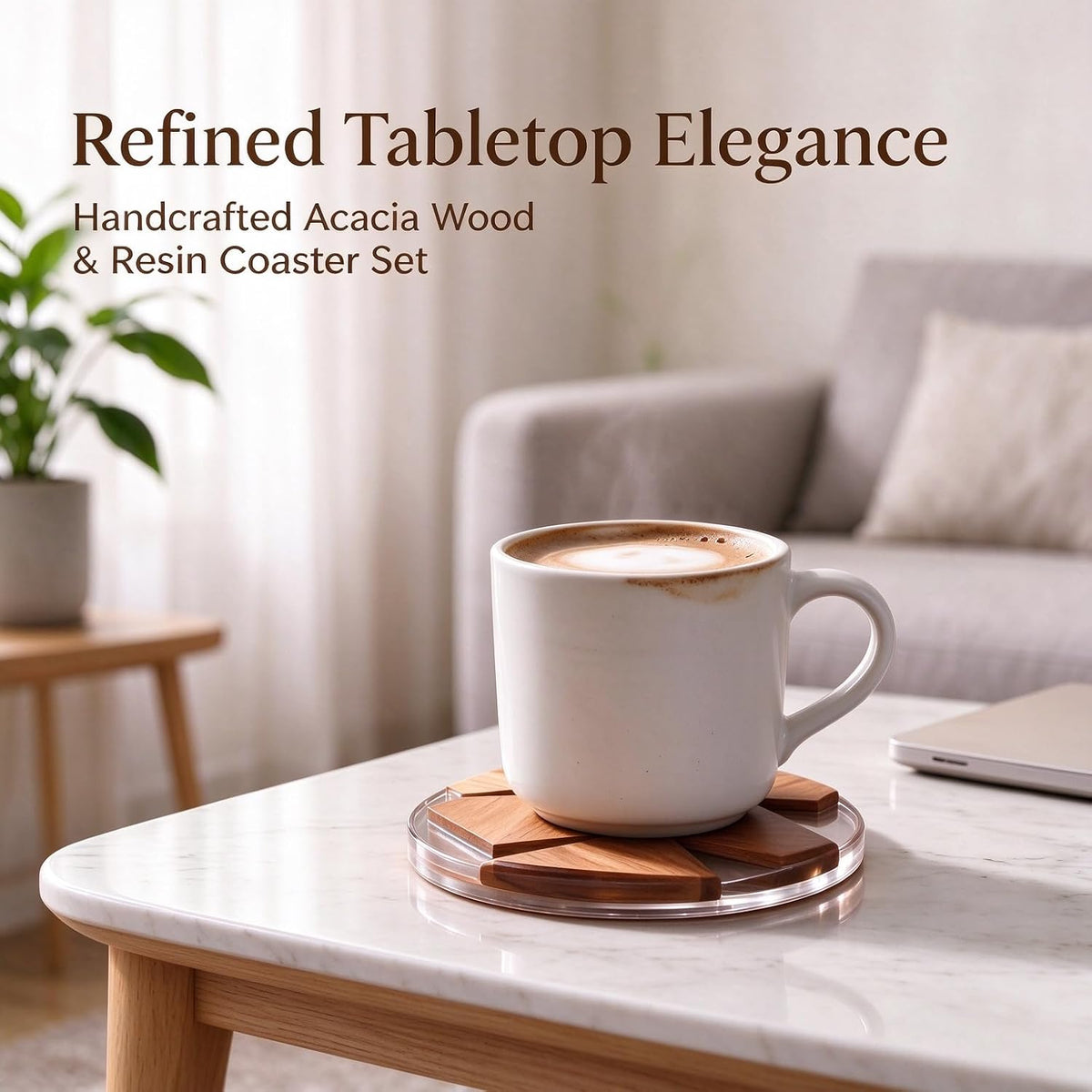 Decorative Acacia Wood Resin Coasters 4 Pack with Holder 4 Inch
