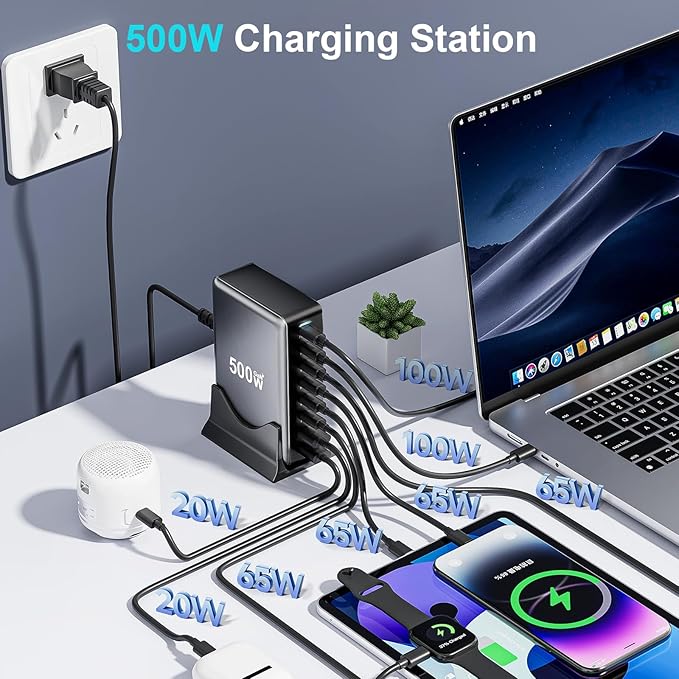 500W USB C Fast Charger Block, 8 Port USB Charging Station, GaN Ⅲ Pro Double
