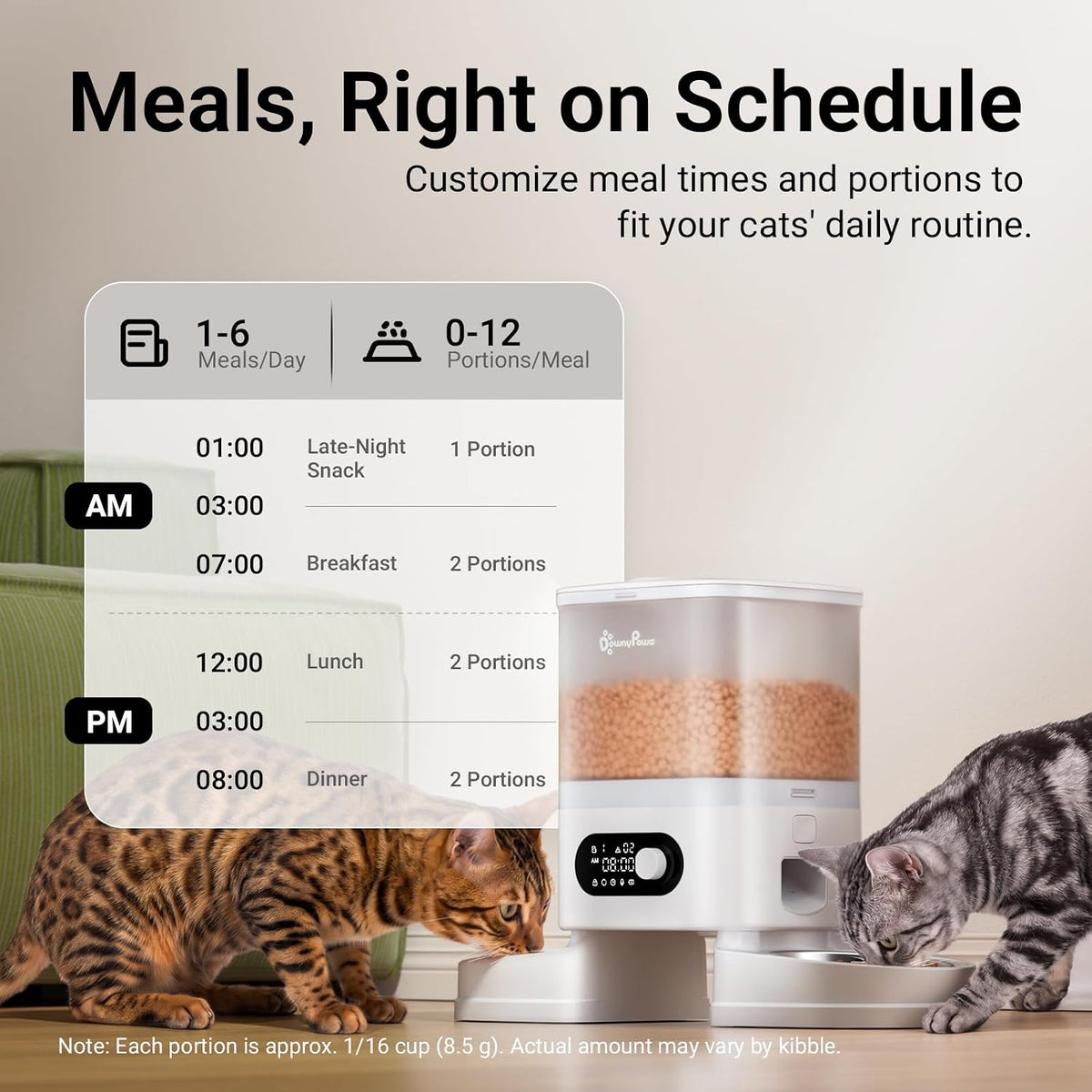 DownyPaws Automatic Cat Feeder 2 Cats, Rechargeable Timed Food Dispenser WH