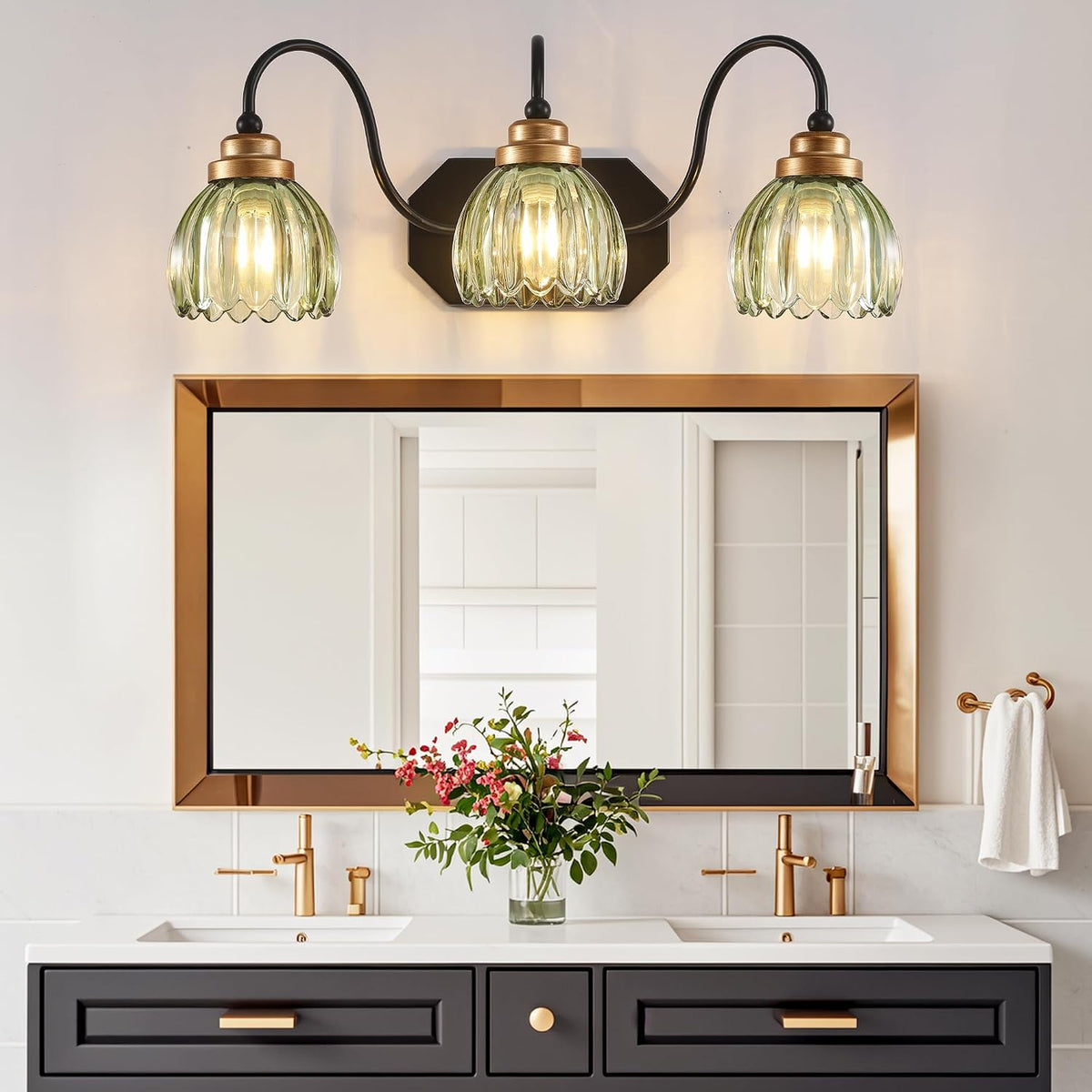 Vintage Gold Bathroom Light Fixtures,3 Light Green Tulip Crystal