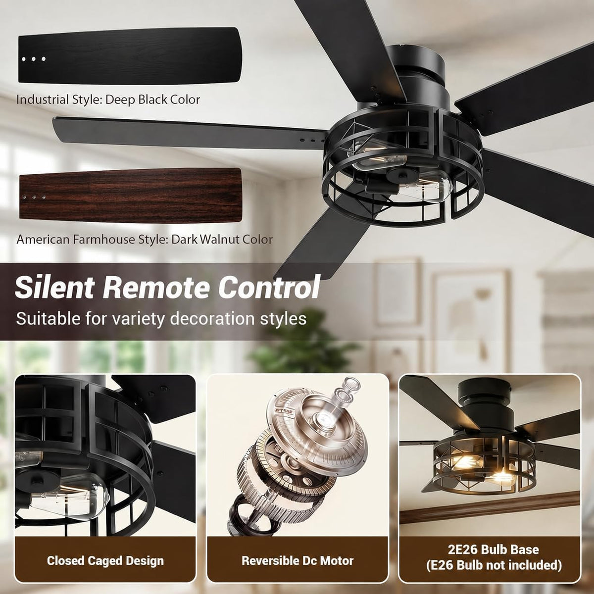 TCL 52" Black Caged Flush Mount Ceiling Fan with Light & Remote
