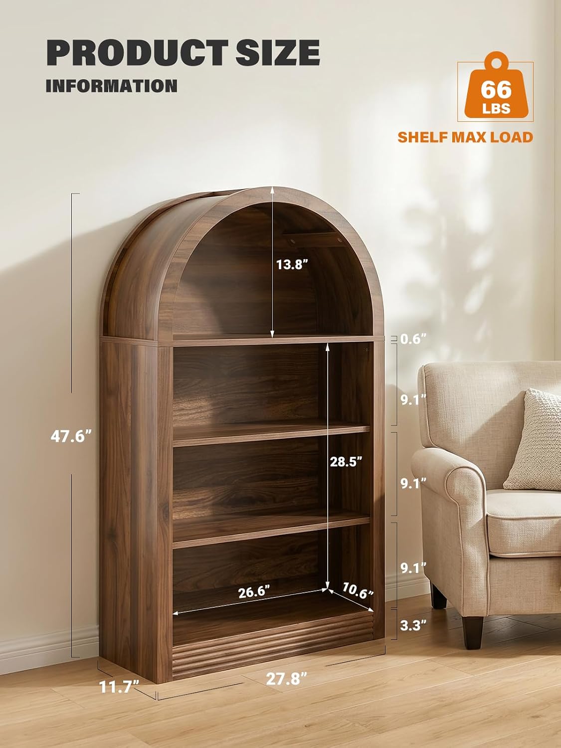 Arched Bookshelf, 47.6 inch Wood Open Bookcase, Brown