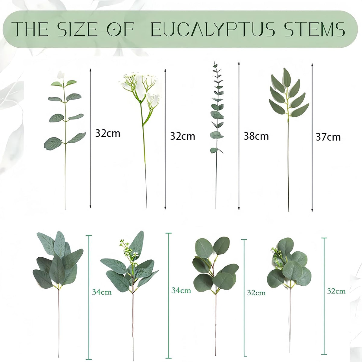200 Pcs 8 Kinds Mixed Greenery Stem Artificial Faux Eucalyptus Leaves