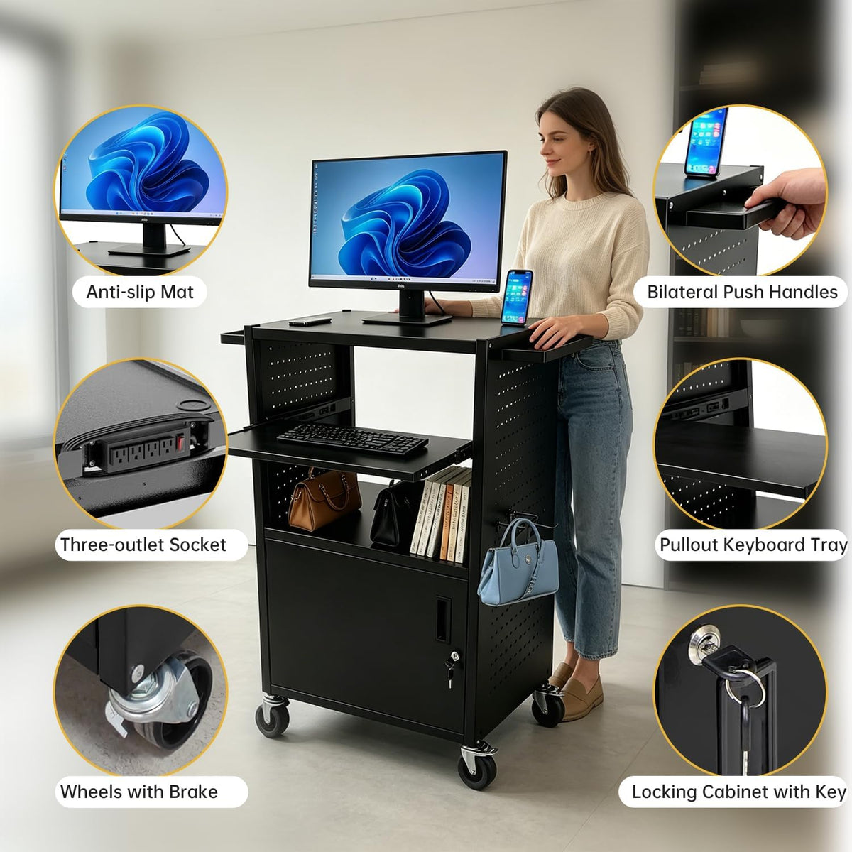 Upgraded AV Cart with Power Strip, Mobile Media Workstation with Pegboard &am...