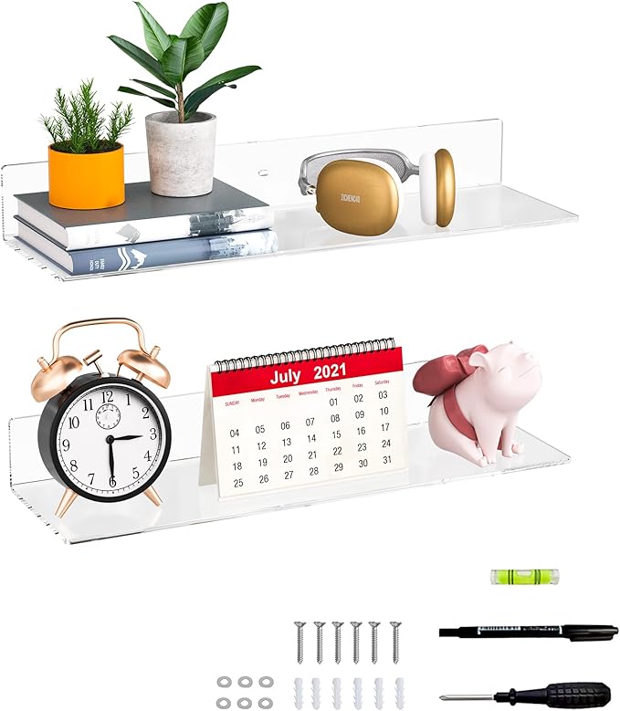 20 Inch Clear Wall Shelves for Wall, Wall Mounted Acrylic Floating Shelf for (2 Pack)