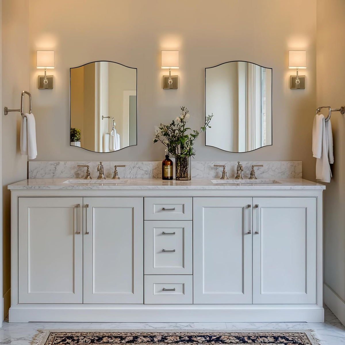Brushed Nickel Bathroom Mirror, 22"x30" Scalloped Wall Mirror in St...