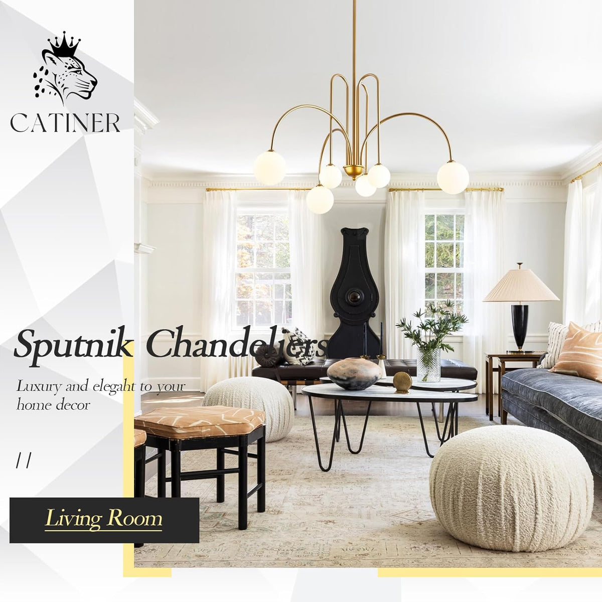 CATINER Modern 40" 6-Light Gold Sputnik Chandelier with Milk Glass Globe