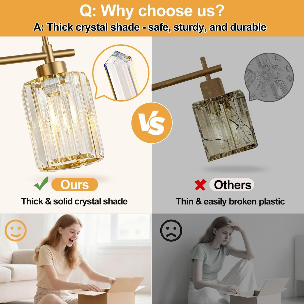 Modern Crystal Bathroom Vanity Light, 3-Light Brushed Gold Bathroom Light Fix...