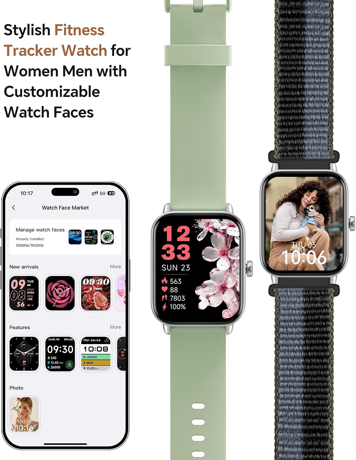Quican Smart Watch for Women Men, Fitness Tracker iOS Android, Light Green