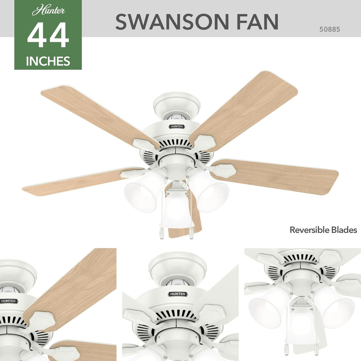 Hunter Swanson, Indoor, Ceiling Fan, with LED Lights, 44 inch, Fresh White