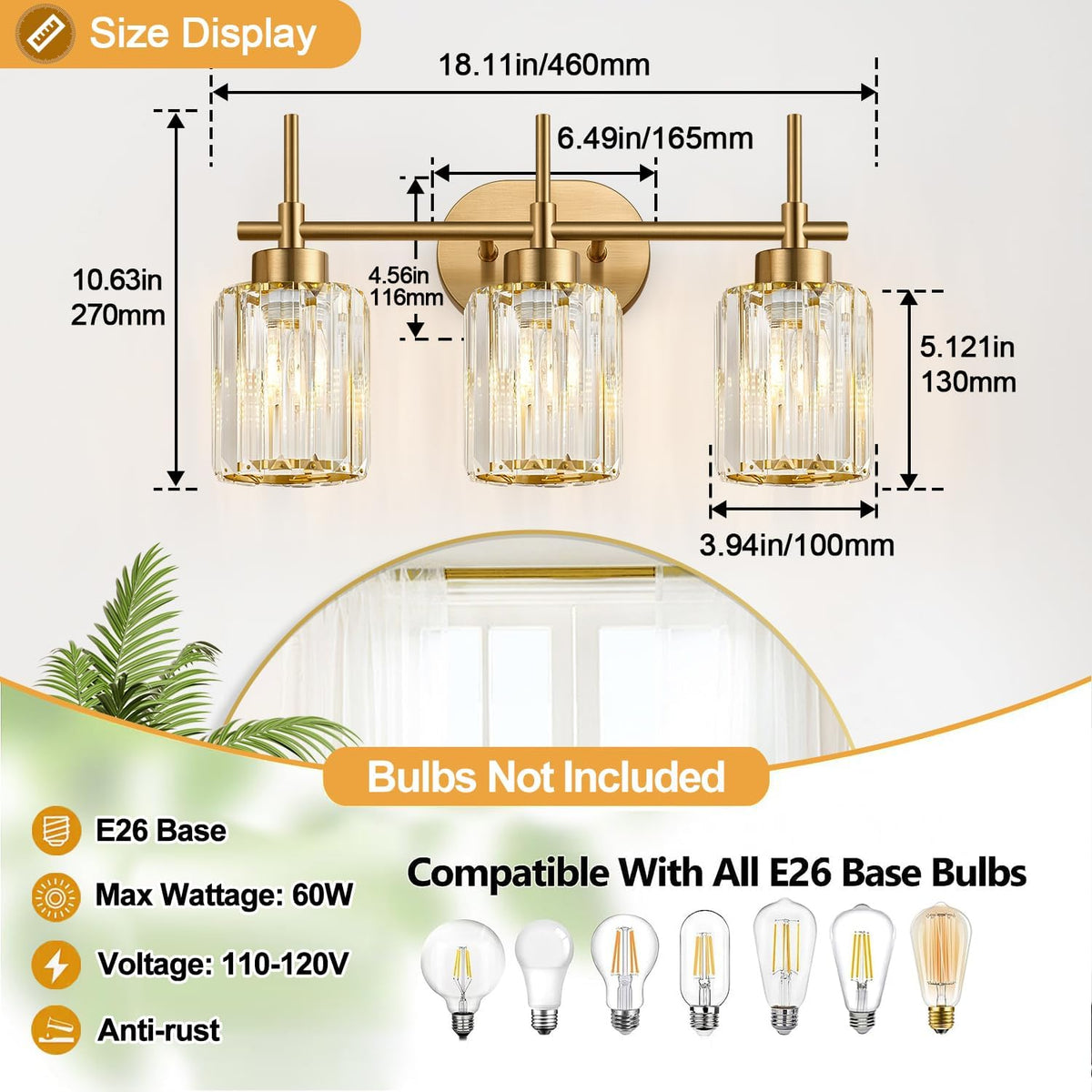 Modern Crystal Bathroom Vanity Light, 3-Light Brushed Gold Bathroom Light Fix...