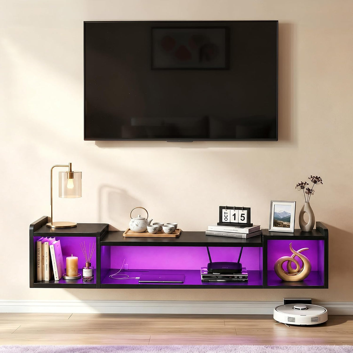 55.1" W Floating TV Stand with LED,Power Strip for 50/55/60/65" TV ...