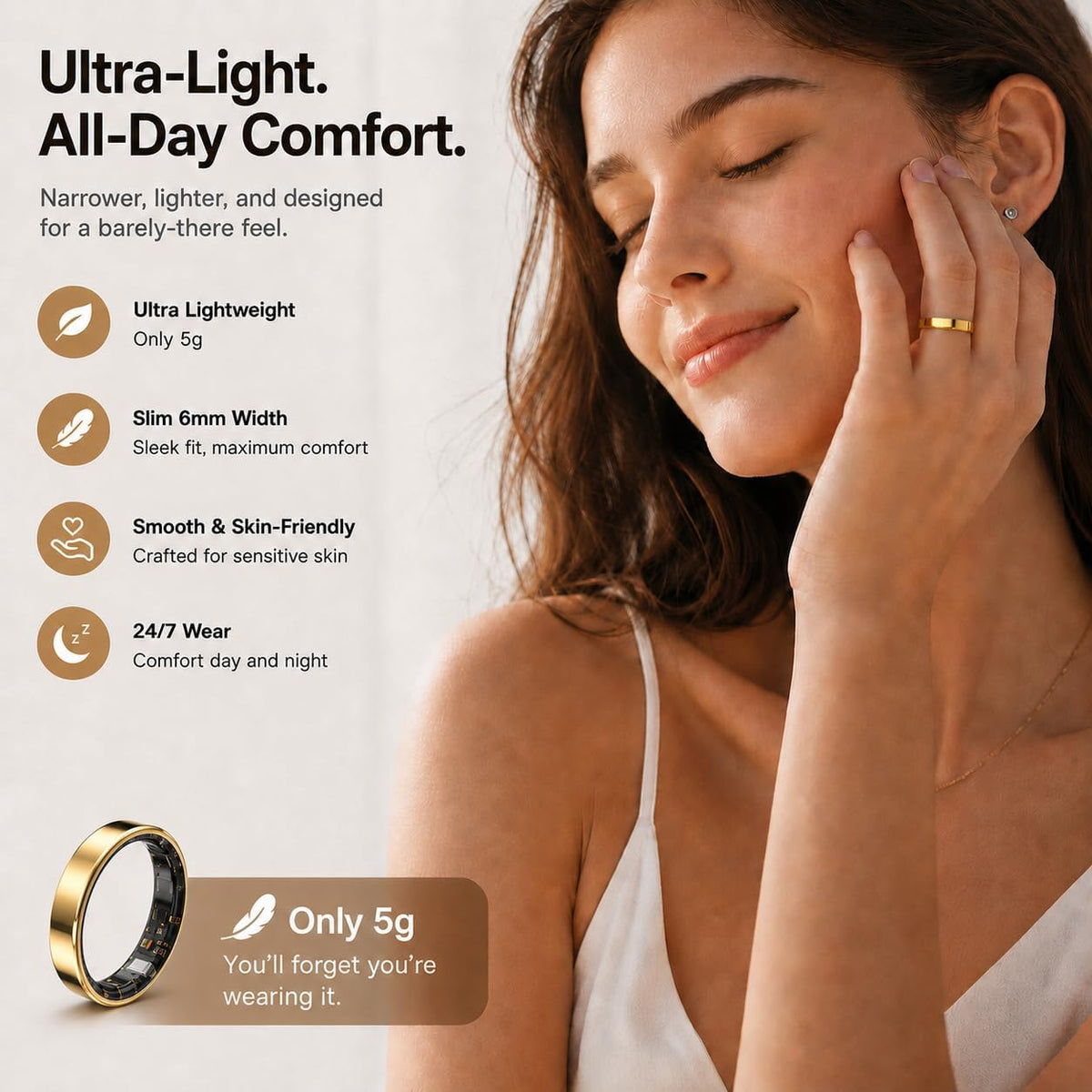 Slim Ultra Thin Smart Ring, Health & Sleep Tracker, Gold 12