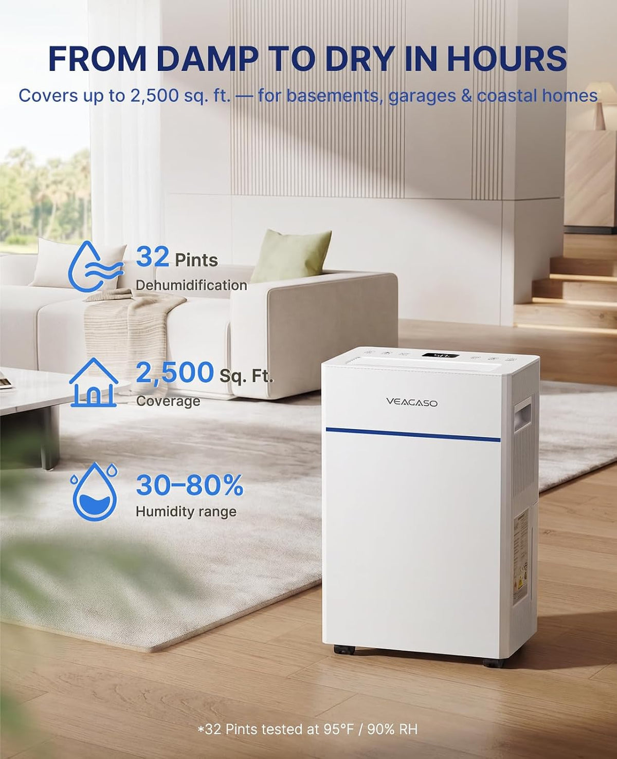 Dehumidifier for Basement, 32 Pints, 2500 Sq.Ft, 38dB Quiet