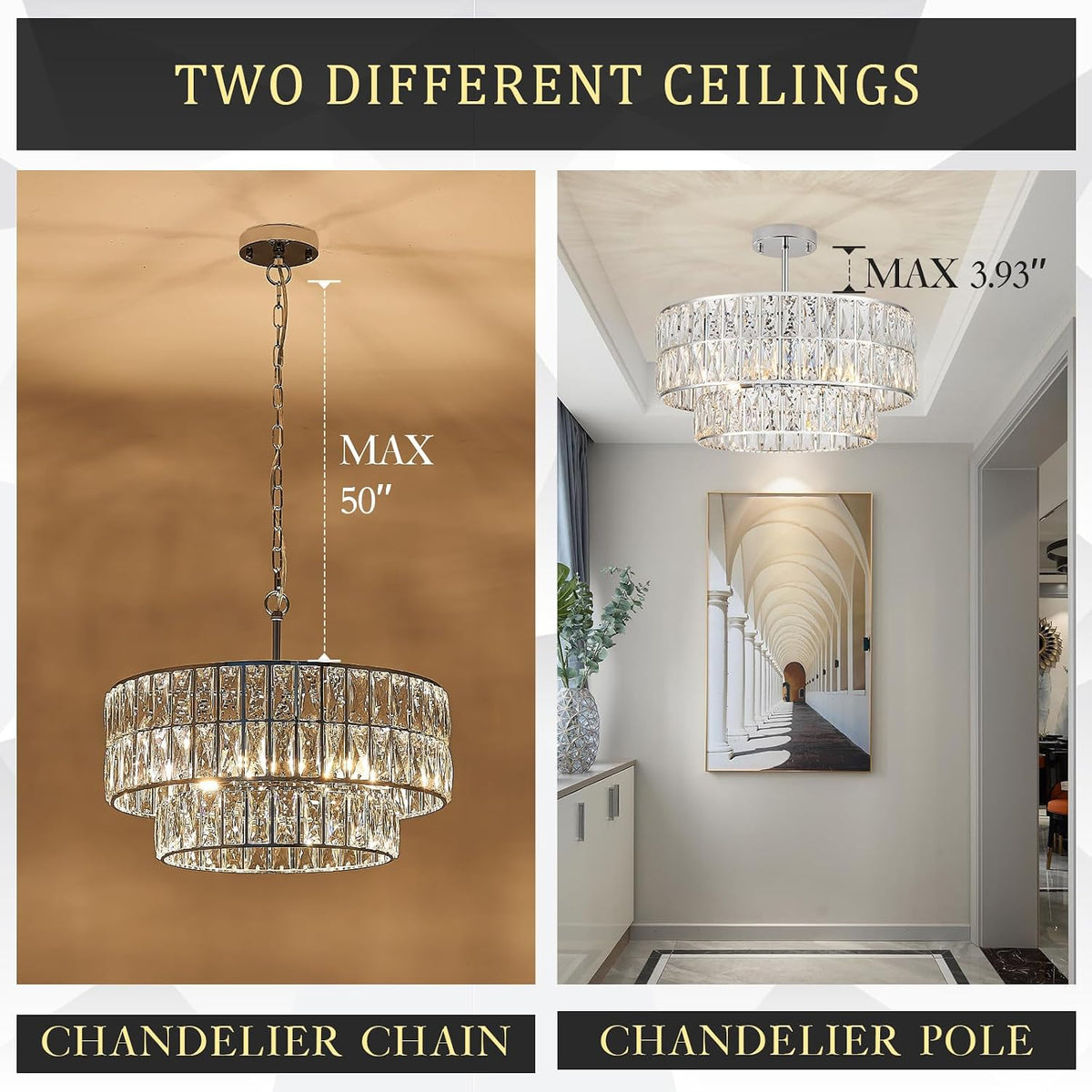 Chrome Crystal Chandelier 20" 6-Light Modern Semi Flush Pendant