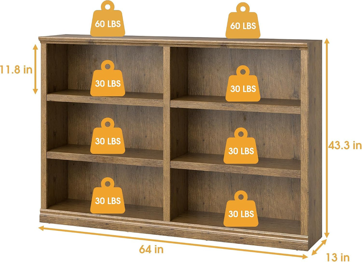 64" W Double Wide Horizontal Bookshelf, 3 Tiers 6 Storage Cube Book Case