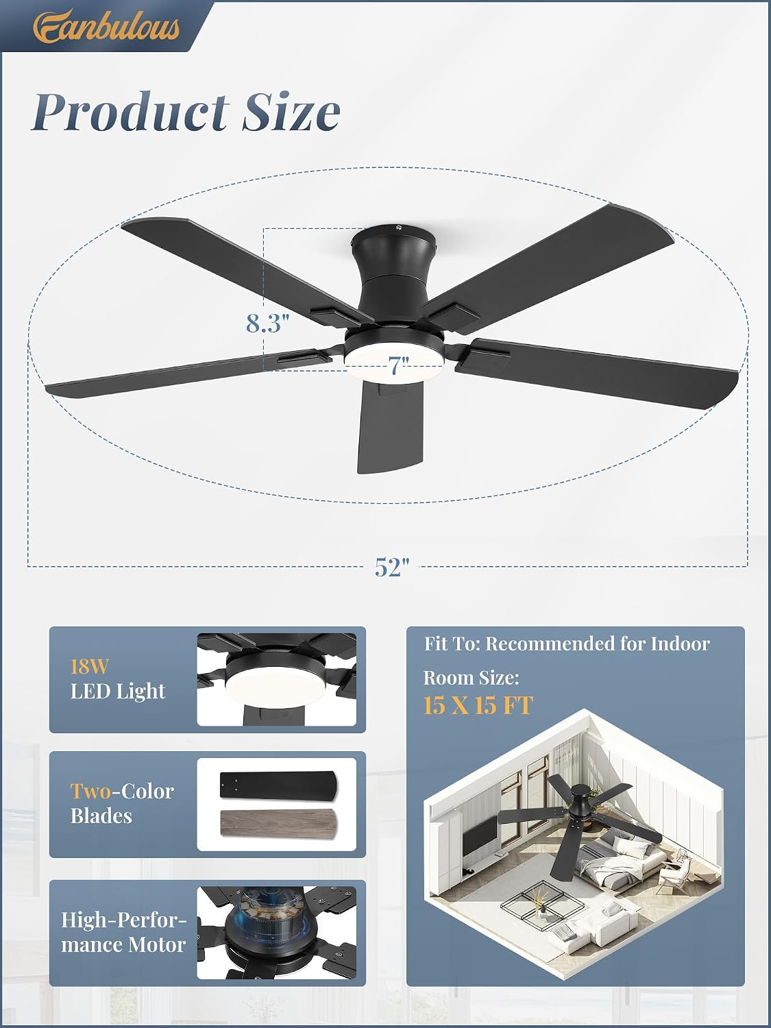 Fanbulous 52 inch Ceiling Fan with Light, Low Profile, App & Remote Control