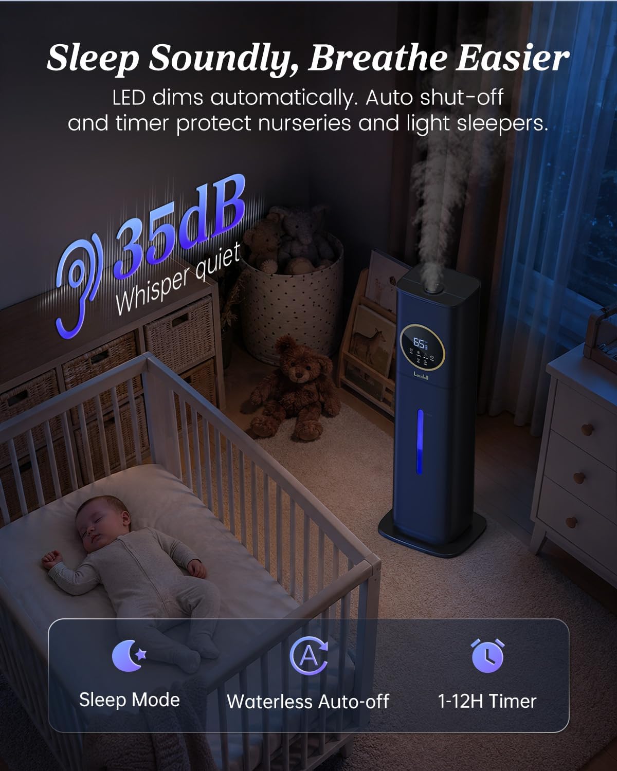 Lacidoll 8L Large Humidifier for Bedroom Large Room Home 800 sq ft, Black