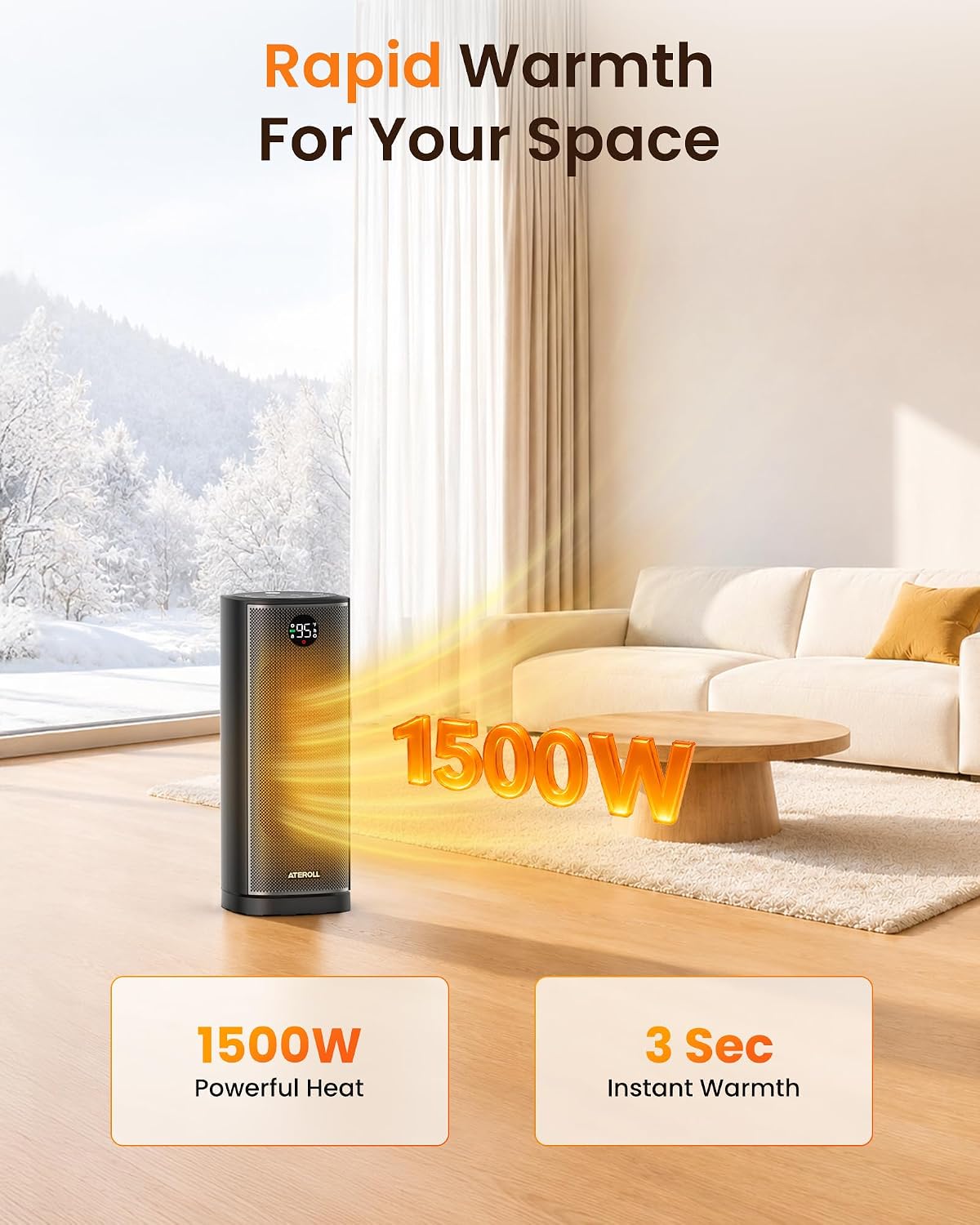 Space Heater with 75° Oscillation Electric Heater for Indoor Use Large Room