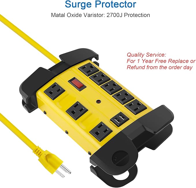 Heavy Duty Power Strip with USB, Workshop 8 Outlet Surge Protector 2700 Joules