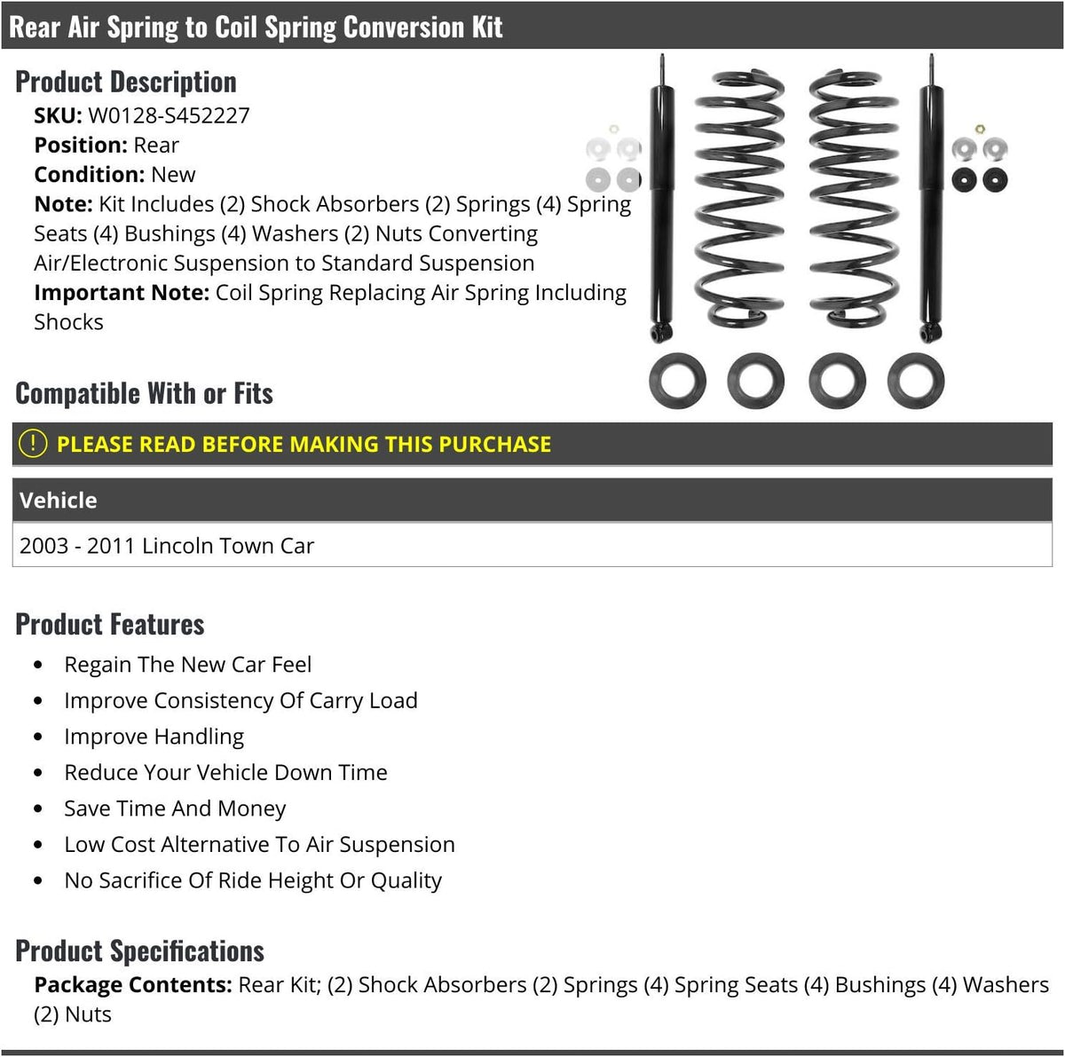 Rear Air Spring to Coil Spring Conversion Kit - Compatible with 2003-2011 Lin...
