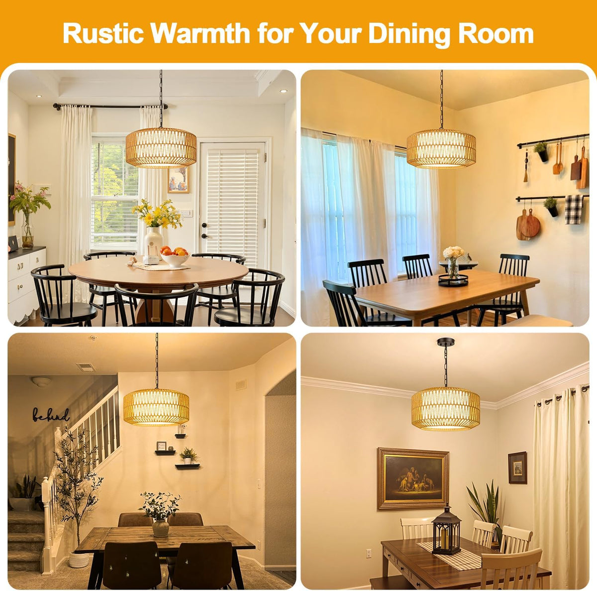 19" Rattan Chandelier for Dining Room, Boho Dining Room Light Fixture