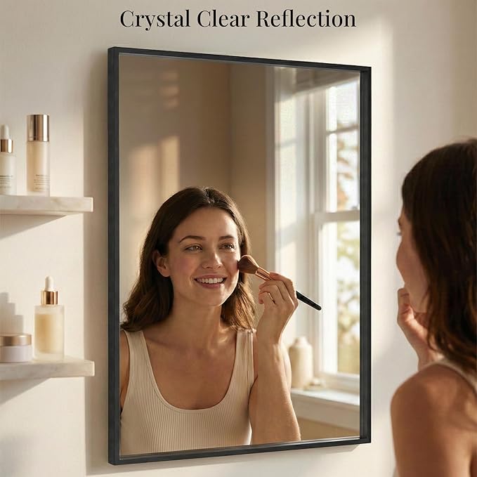24''x36'' Matte Black Bathroom Mirror | Deep-Set Recessed Met...