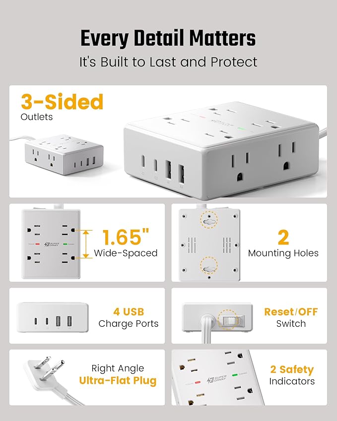 25Ft Long Extension Cord, Flat Plug Power Strip
