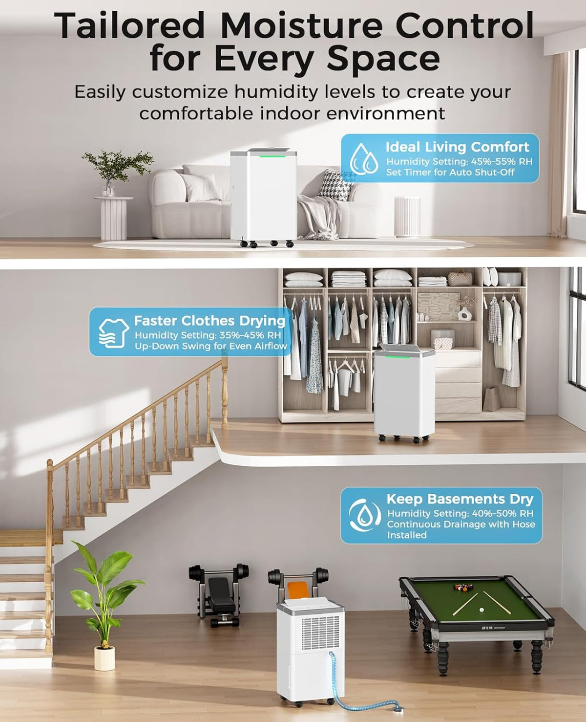 34 Pints Dehumidifier for Basement, with Drain Hose, 38dB Quiet, 2500 Sq.Ft