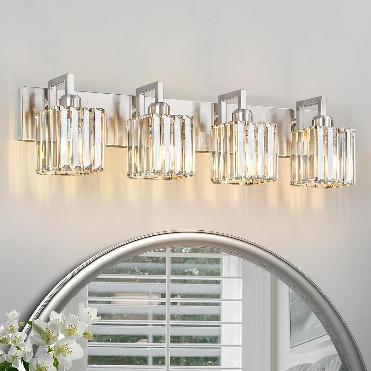 Modern Bathroom Vanity Light 4-Lights Brushed Nickel Vanity Light Crystal Wal...