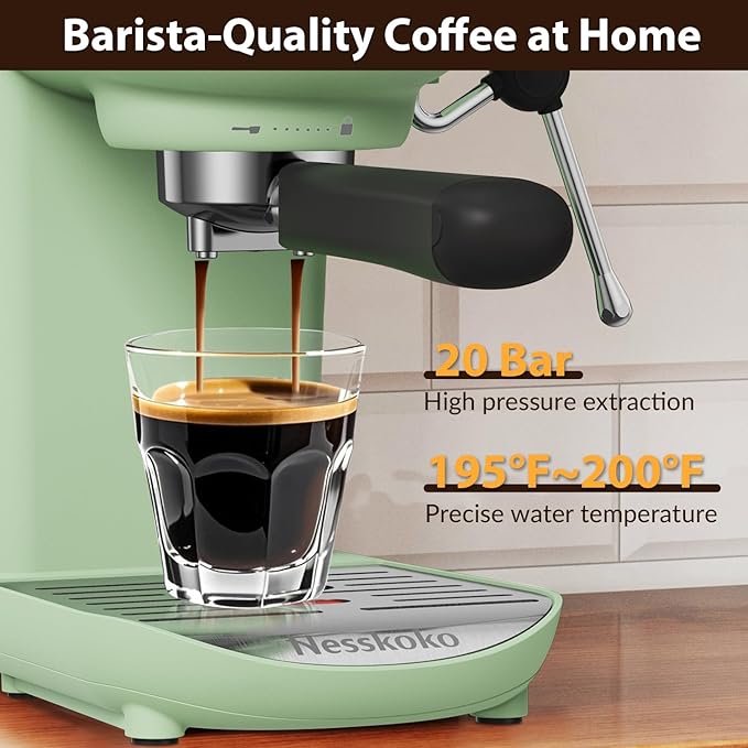 Espresso Machine with Steam Milk Frother Semi Automatic 20 Bar Compact Green