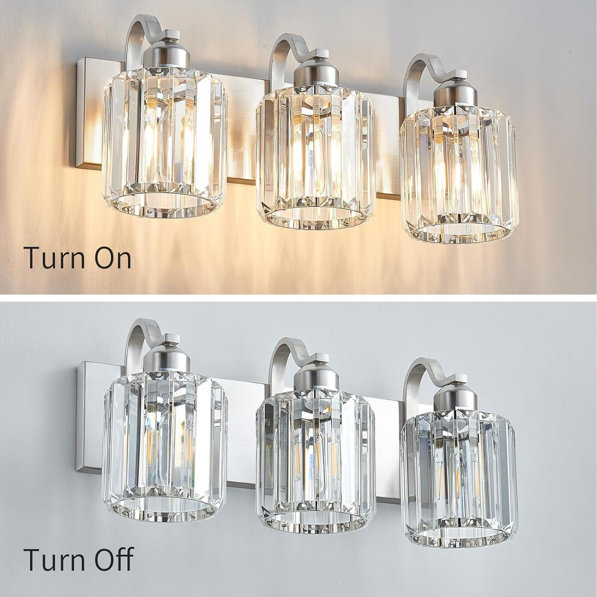 Modern Vanity Light 3-Lights Brushed Nickel Vanity Light Crystal Bathroom Wal...