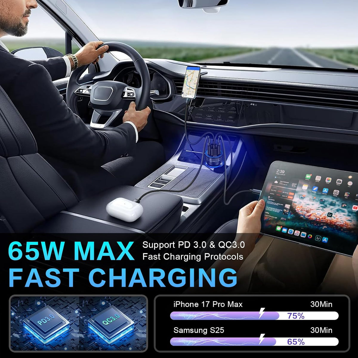 5-Pack Car Charger, Ancekoy 65W 4-Port Car Charger Adapter with Voltmeter