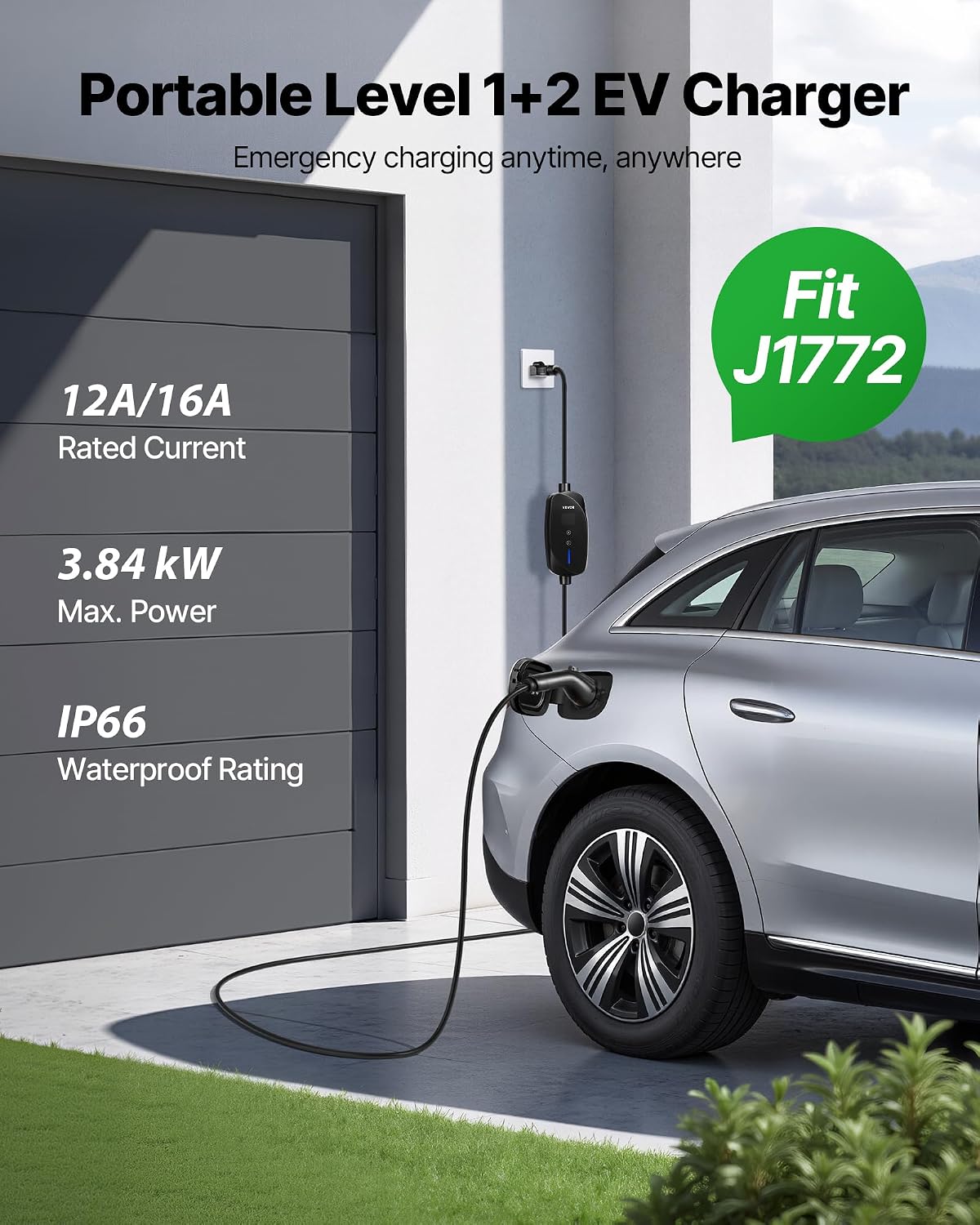 VEVOR Level 1 and Level 2 EV Charger, 16 amp 25 FT Cable, IP66 Weatherproof