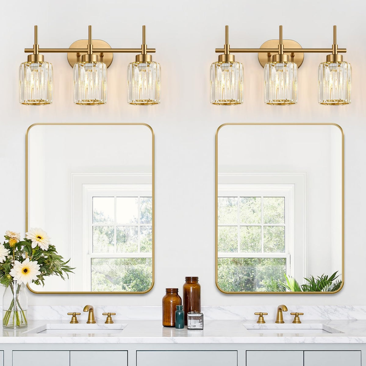 Modern Crystal Bathroom Vanity Light, 3-Light Brushed Gold Bathroom Light Fix...