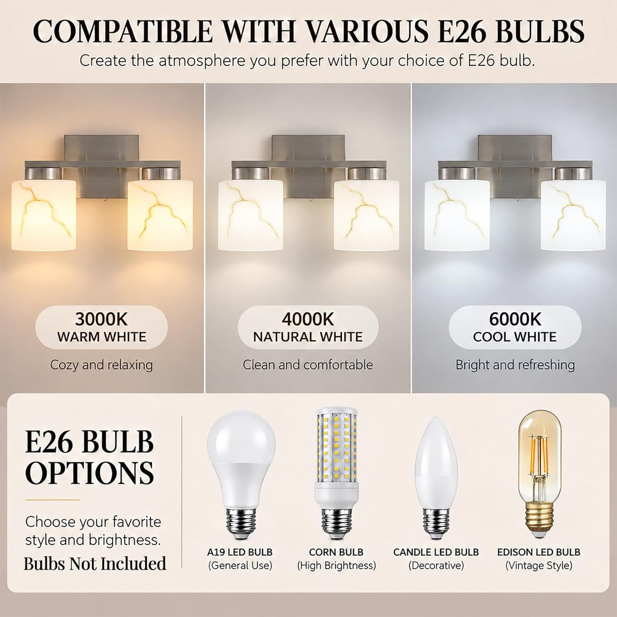 2-Light Brushed Nickel Bathroom Vanity Light, Frosted Marble-Look Glass
