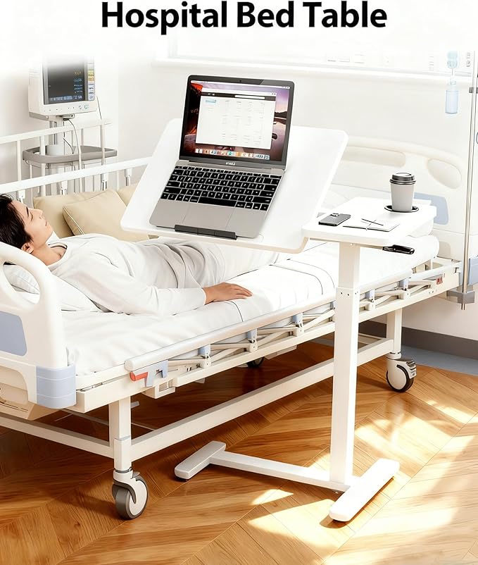 Overbed Table with Wheels, Pneumatic Height Adjustable Overbed Bedside Table