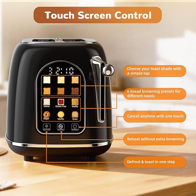 Mecity Toaster 2 Slice, Touch Screen Wide Slot Retro Toaster