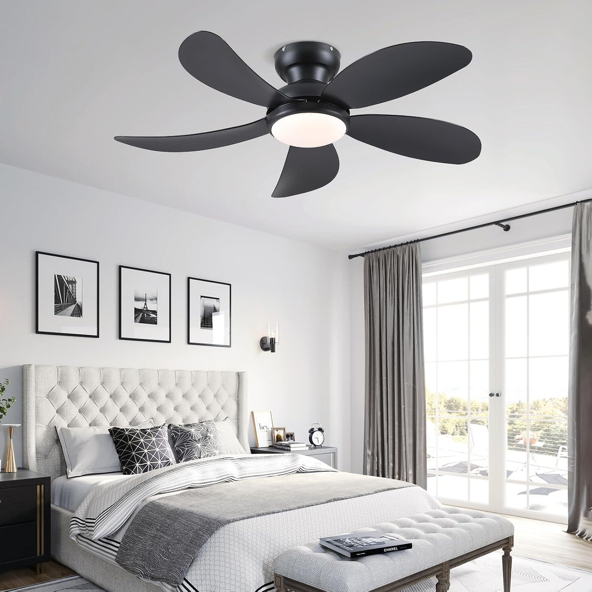 PHORUS 42"Black Low Profile Flush Mount Ceiling Fans with Lights and Remote